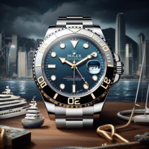 The Rolex Submariner, a luxury collectors' watch, is sitting on a wooden table.