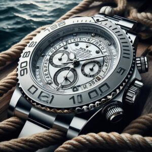 A Rolex Yacht-Master watch sitting on a rope next to the ocean, appealing to luxury collectors.