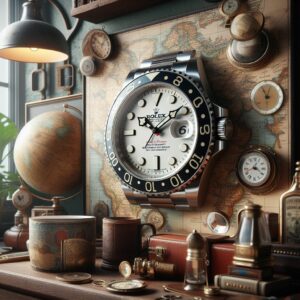 A desk with a Rolex GMT-Master and wall clock on it.