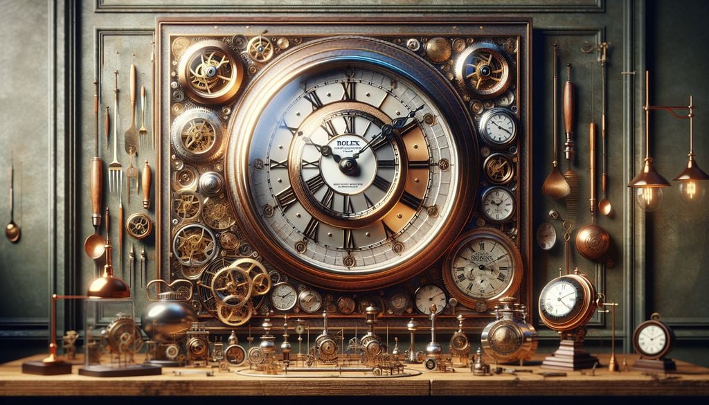 A steampunk clock on a wooden table.