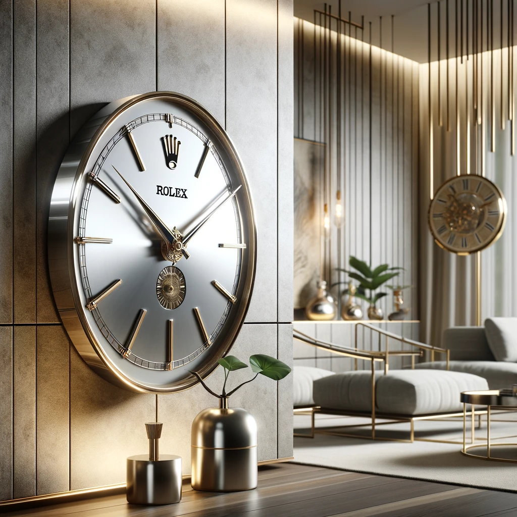 A modern living room with a gold Rolex wall clock that commands record-breaking prices.