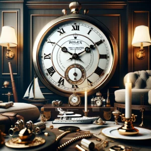 A luxurious Rolex Yacht-Master wall clock elegantly displayed on a table in a room.