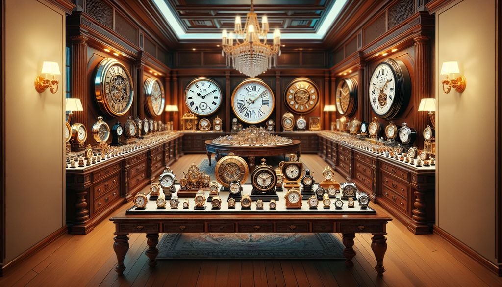 A room with many clocks on a wooden table.