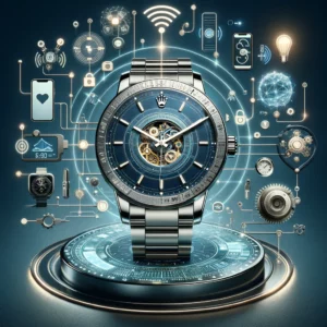 A Rolex watch displayed alongside digital devices, exemplifying the Wall Clock Reinvention in the Digital Era.