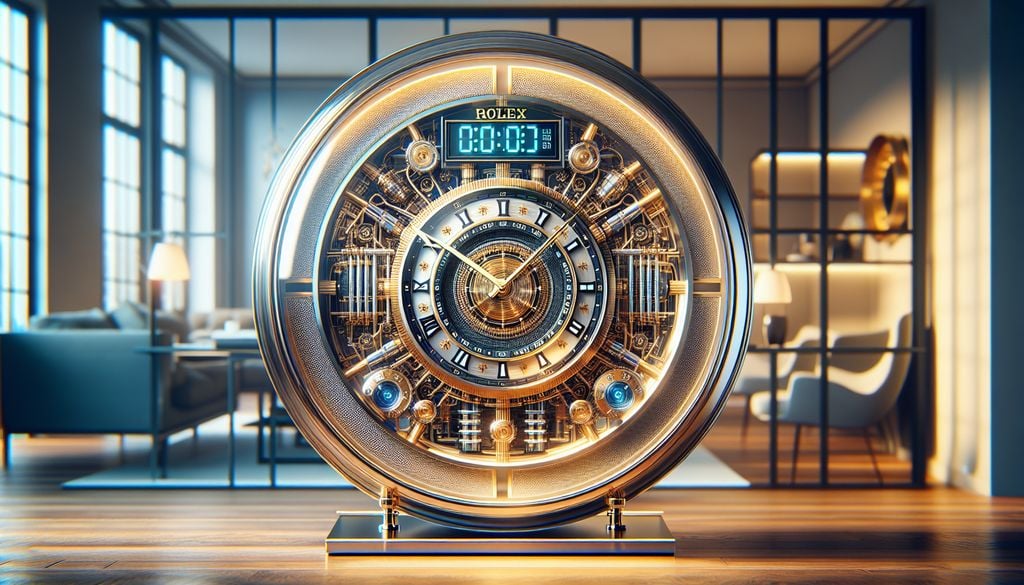 A large clock sitting on a table in a living room.