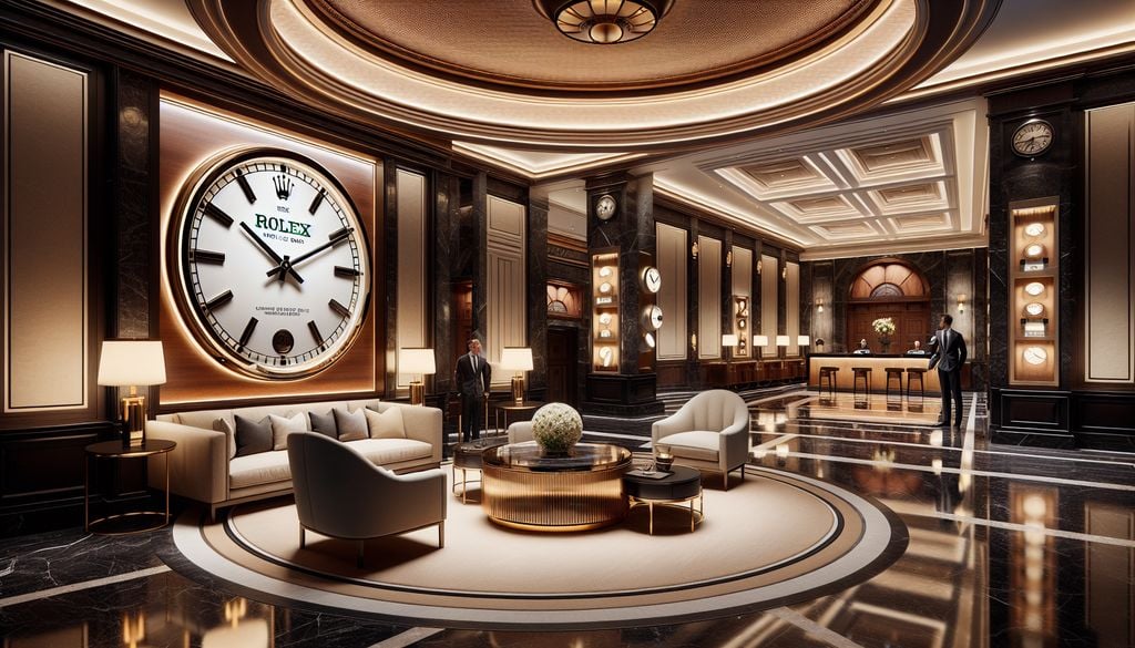 The lobby of a luxury hotel with a large clock.