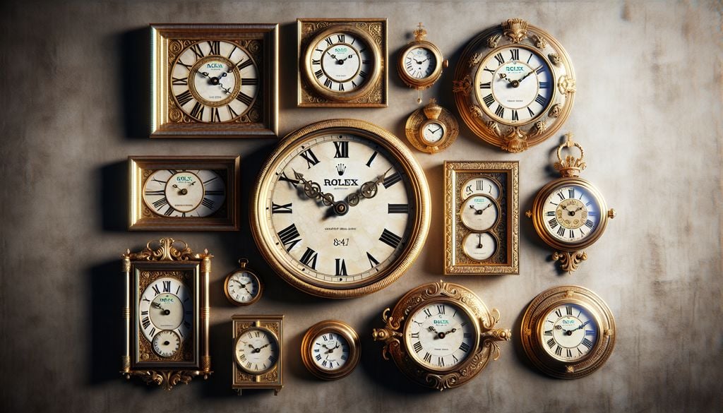 A group of gold clocks on a wall.