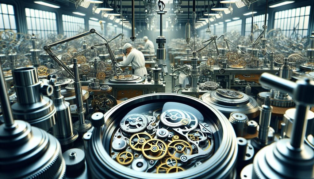 An image of a factory with many clocks and gears.