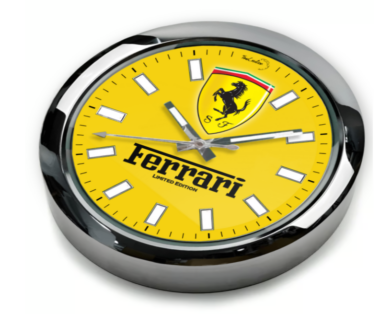 A YELLOW FERRARI 'LIMITED EDITION' clock featuring the Ferrari logo.
