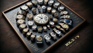 A group of watches on a black board.