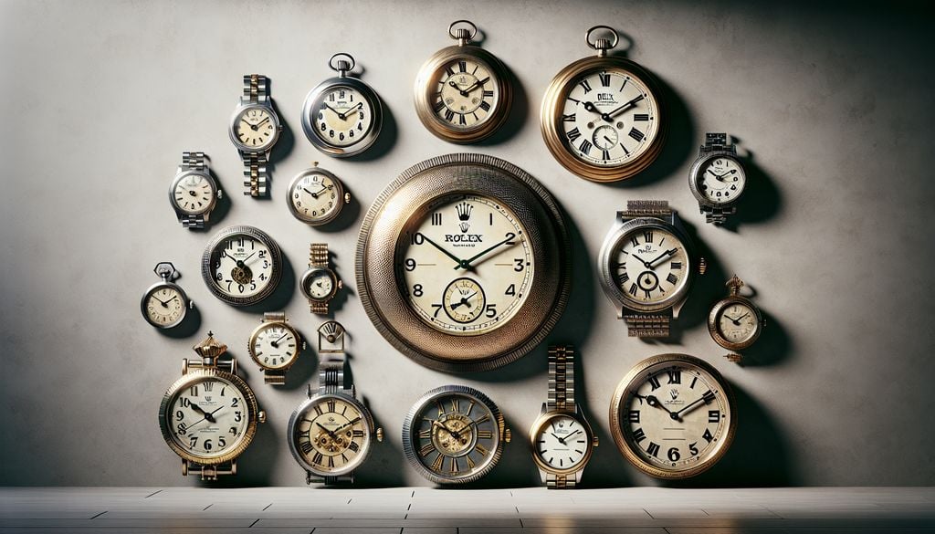 A group of clocks on a wall.