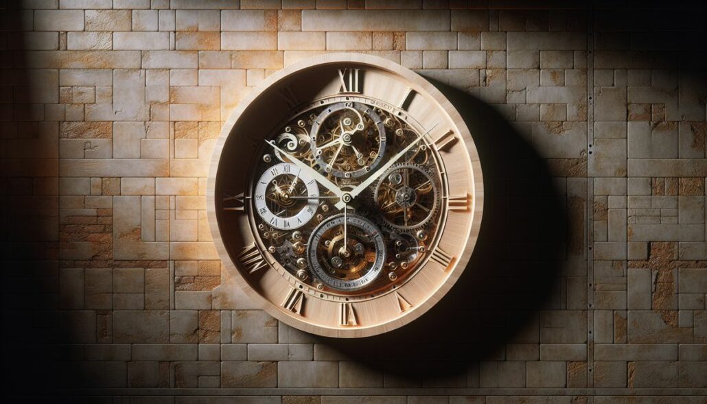 A clock with gears on a wall.