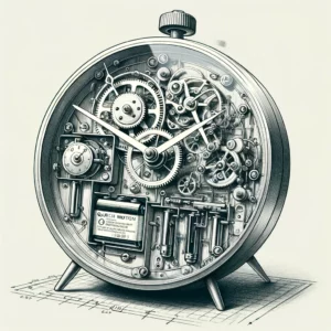 A drawing of an alarm clock with gears and a change mechanism.