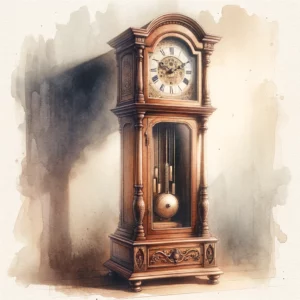 A watercolor painting of a grandfather clock showcasing meticulous design.
