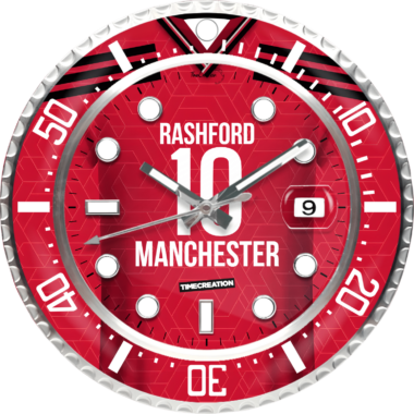 A clock with the words rashford 10 manchester united.