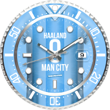 A MANCHESTER CITY Haaland Football Wall Clock with the words Haarland Man City on it.