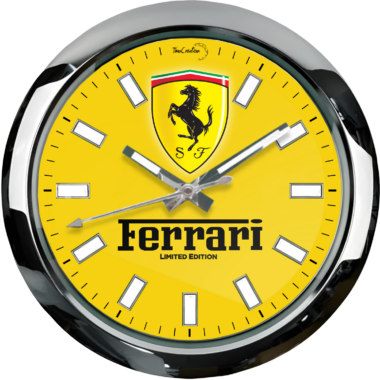 A YELLOW FERRARI 'LIMITED EDITION' clock featuring the Ferrari logo.