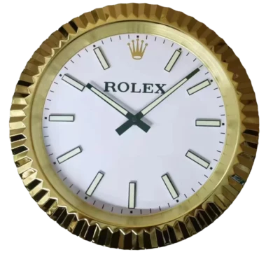 Gold Rolex WALL CLOCK with a white face, fluted bezel, and the brand's logo at the 12 o'clock position.