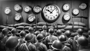 A black and white photo of a group of soldiers standing in front of a clock.