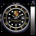 A Porsche Vintage Edition wall clock with dimensions and weight annotations.