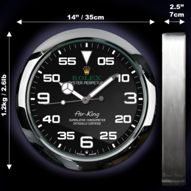 A large wall clock designed to resemble an Oyster Perpetual - Air King (Copy) watch, with dimensional details indicating its size.