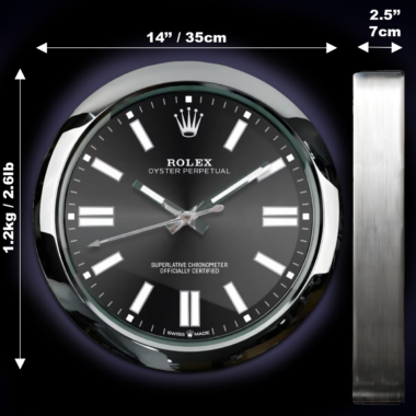 A close-up view of a black Oyster Perpetual - Black watch with dimensions annotated: 14 inches (35 cm) diameter, 2.5 inches (7 cm) depth, and weighing