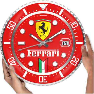 A person holding a large, decorative wall clock styled after a Ferrari-themed luxury sports car watch design.