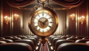 An ornate golden pocket watch suspended in a luxurious theater interior.