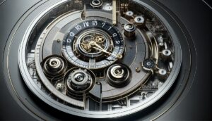 A close-up view of an intricate mechanical watch movement displaying gears, springs, and time indicators.