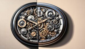 An intricately detailed mechanical clock split into a dark and light half to showcase its inner workings.