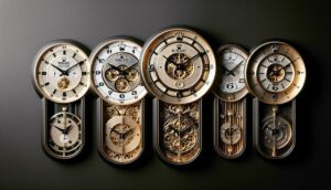 A group of clocks are lined up on a black background.