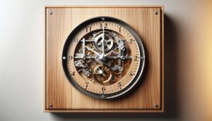 Mechanical wall clock with visible gears mounted on a wooden board.