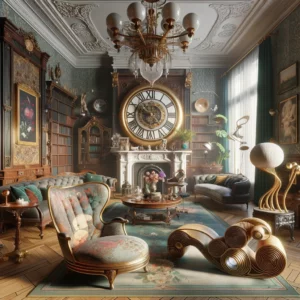 Ornate vintage room interior with a luxury wall clock, fireplace, and unique furniture.