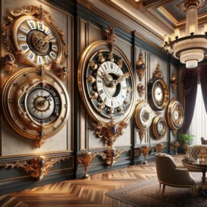 An opulent room with ornate, oversized luxury wall clocks adorning the wall.