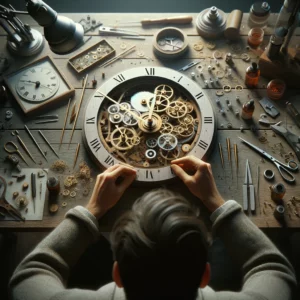 A person meticulously assembles the intricate mechanism of a hand-made wall clock on a well-organized workbench with various horology tools and parts.