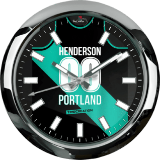 Henderson Portland wall clock with round black dial, teal and white jersey design, silver bezel, white rectangular markers, silver hands, and TimeCreation logo.