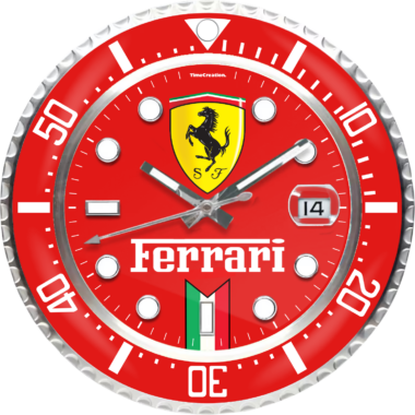 A red and silver ferrari-branded wristwatch with the date displaying 14.