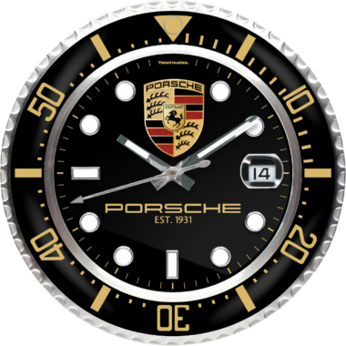 A close-up of a Porsche "Edition" wall clock showing the time, with a date display indicating the 14th.