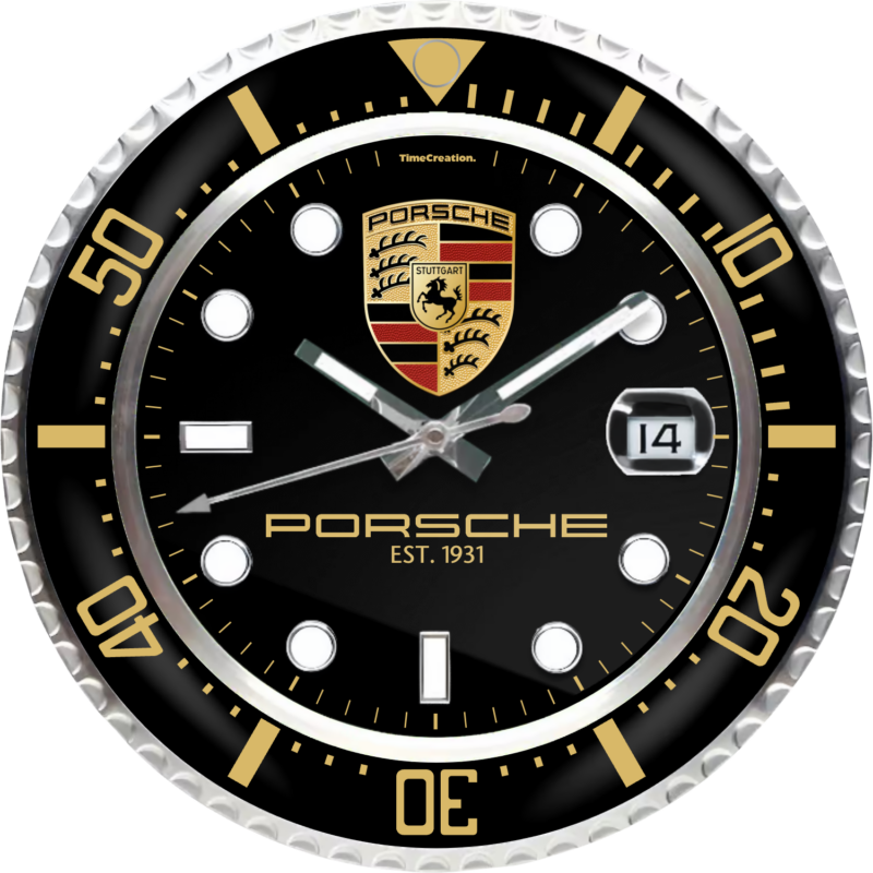 A close-up of a Porsche "Edition" wall clock showing the time, with a date display indicating the 14th.