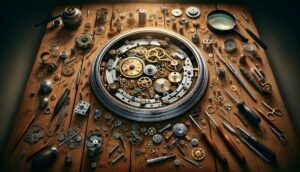 A disassembled mechanical watch surrounded by its intricate parts and watchmaking tools on a wooden surface.