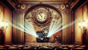 Vintage cinema interior with an ornate clock and film projector, surrounded by decorative walls and ambient lighting.
