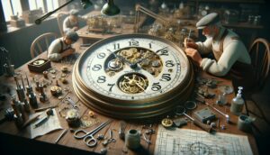 Two individuals repairing intricate clock mechanisms in a vintage workshop setting.