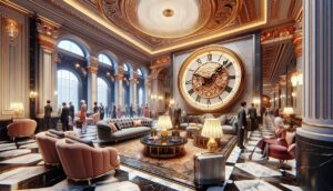 The lobby of a luxury hotel with a large clock.