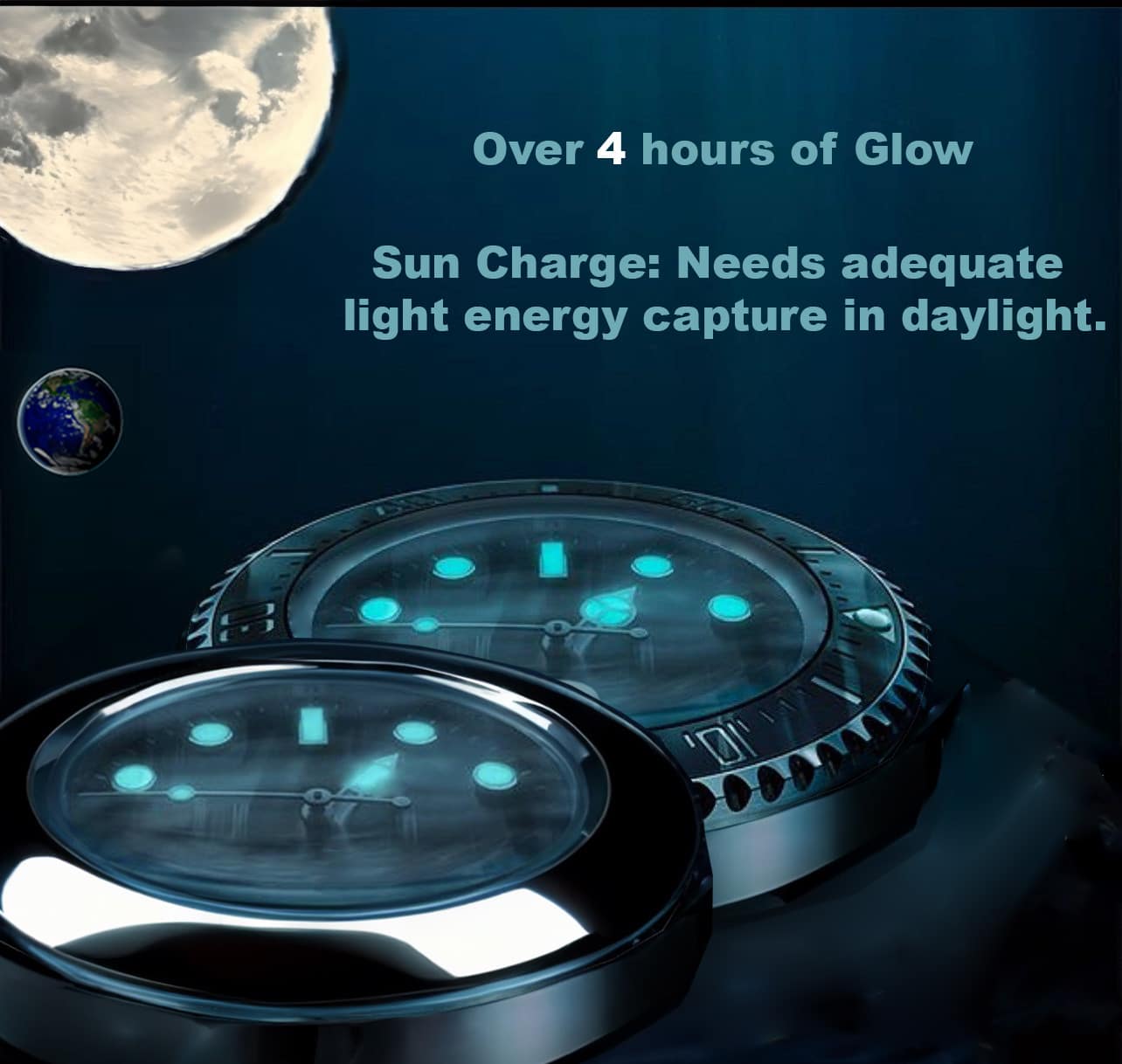 Two Oyster Perpetual - Black luminescent wristwatches with a glow-in-the-dark feature, charged by sunlight, are displayed against a dark background with a moon and earth, highlighting their ability to provide over 4