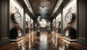An ornate hallway lined with large clocks and classical sculptures.