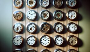 A collection of various wall clocks with visible gears mounted on a wooden surface.