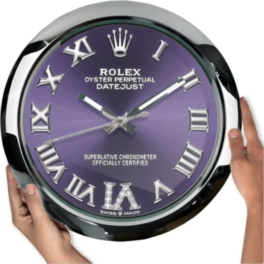 Two hands holding a large replica of an Oyster Perpetual - Purple with a purple dial.