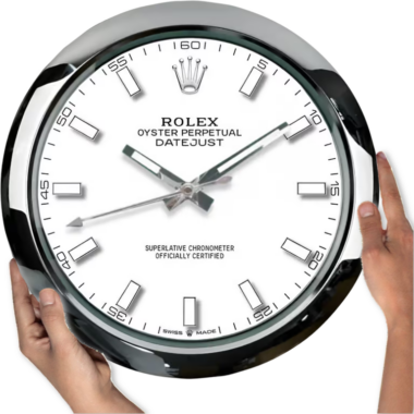 Human hand reaching out towards a large white Oyster Perpetual - White watch display.