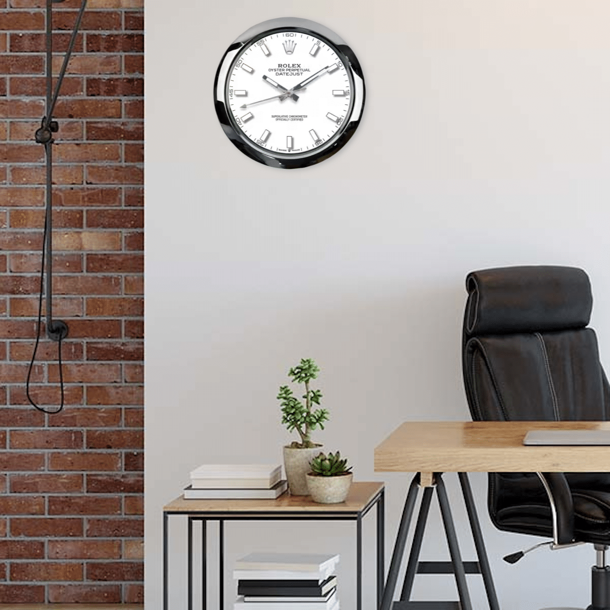 Modern home office with a black chair, wooden desk, wall clock, and an Oyster Perpetual - White on the exposed brick wall.