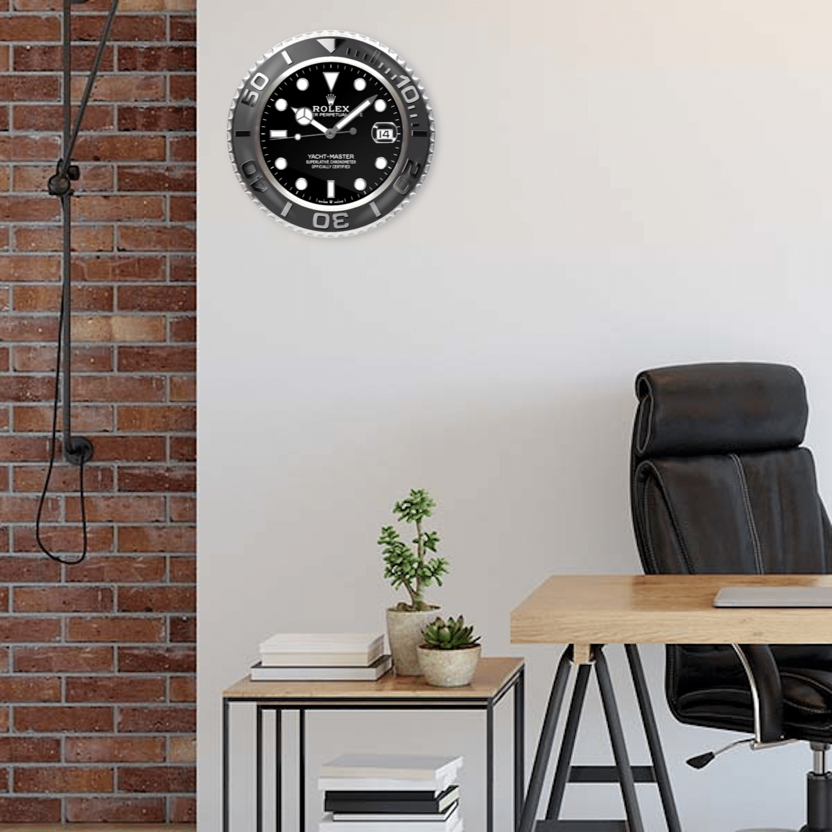 Modern office space with a brick wall, featuring a wooden desk, black leather chair, and a Yatch Master - Black-inspired wall clock.